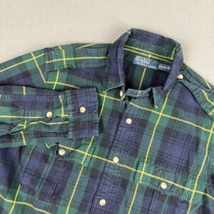 Polo Ralph Lauren Shirt Mens Medium Green Blue‎ Tartan Plaid Flannel Button Up